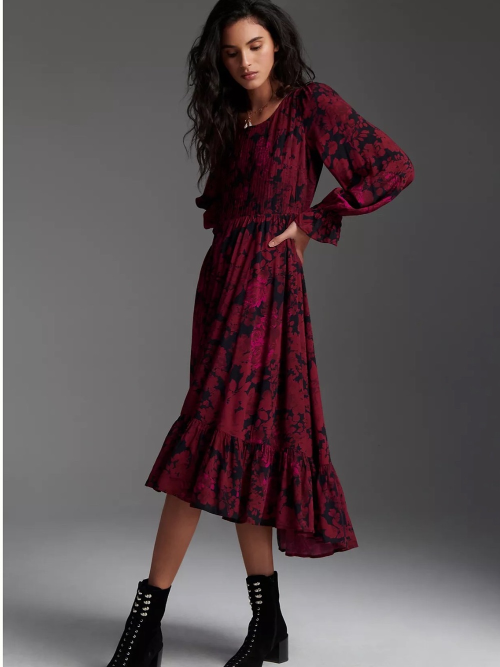 Anthropologie Let Me Be Sharlene Tiered Midi Dress US 6 Cranberry Floral Boho B9 - Picture 5 of 16